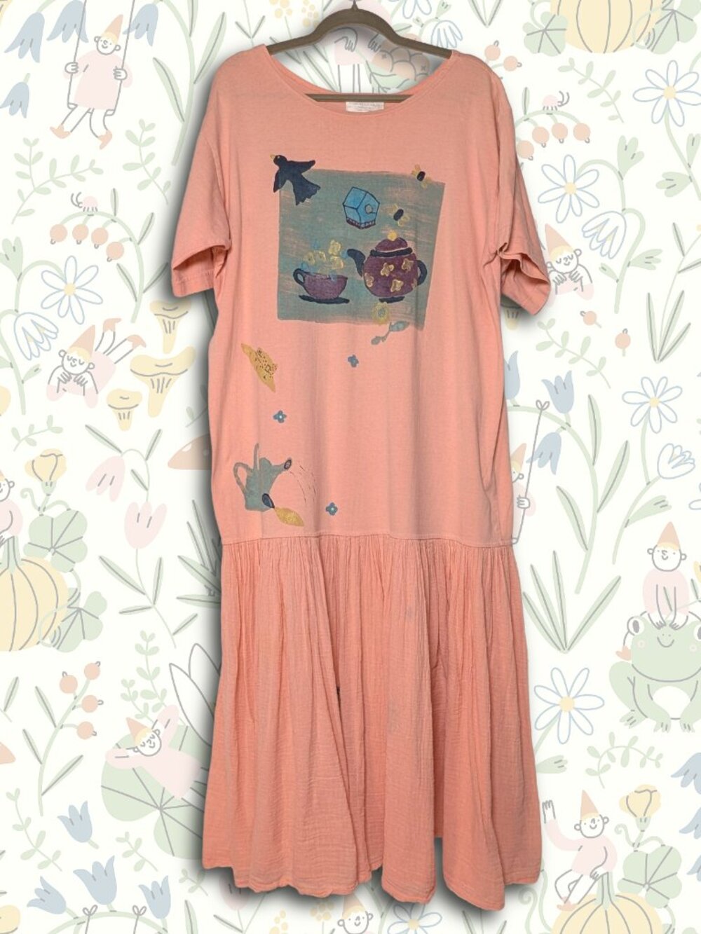 Vintage Blue-Eyed Bear Hand-Painted Drop-Waist Dress | Cottagecore Knit Maxi